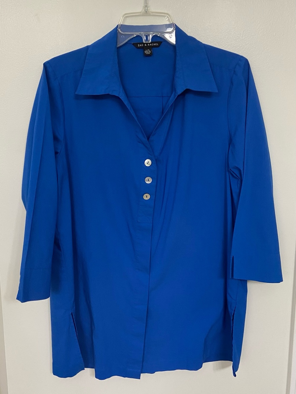 Zac & Rachel Women’s Large Cobalt Blue Tunic Blouse 3/4 Sleeve Button Back